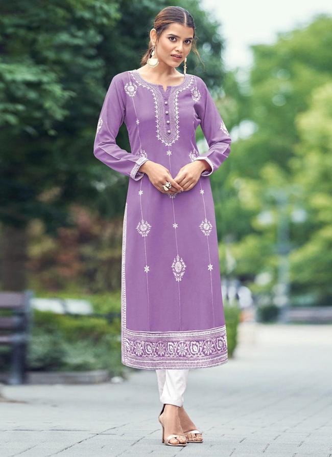 Rayon Viscose Lilac Casual Wear Embroidery Work Kurti With Pant